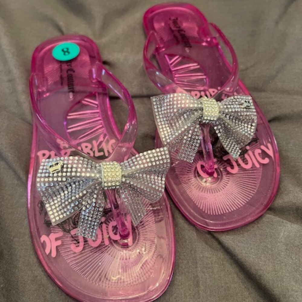 Juicy‎ Couture pink jelly sandals rhinestone bow flip lops summer style Size 8